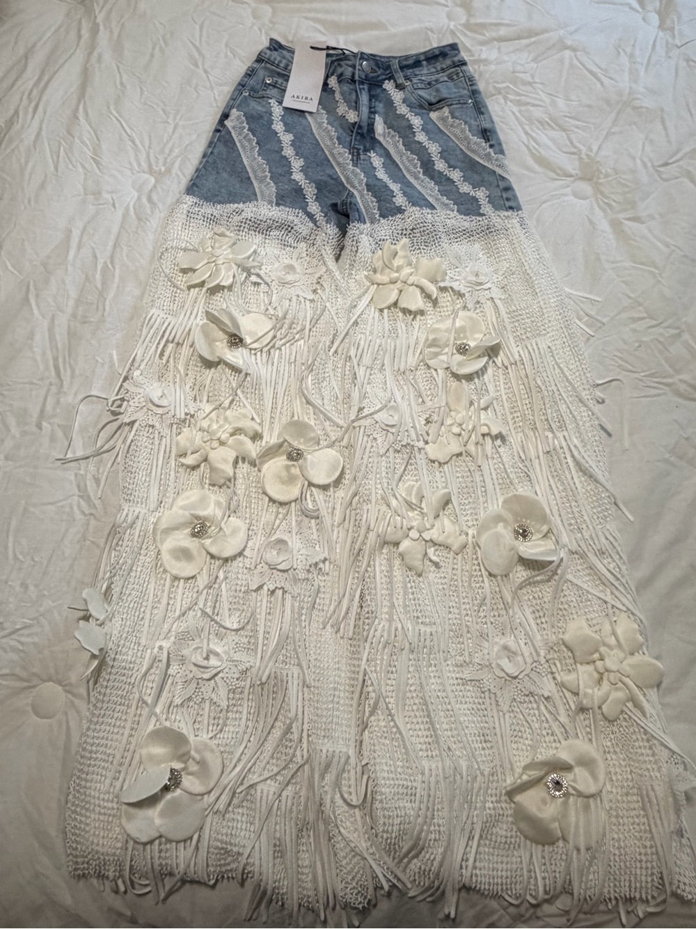 AKIRA Denim Waist White Crochet Maxi Skirt with 3D Floral Appliqués